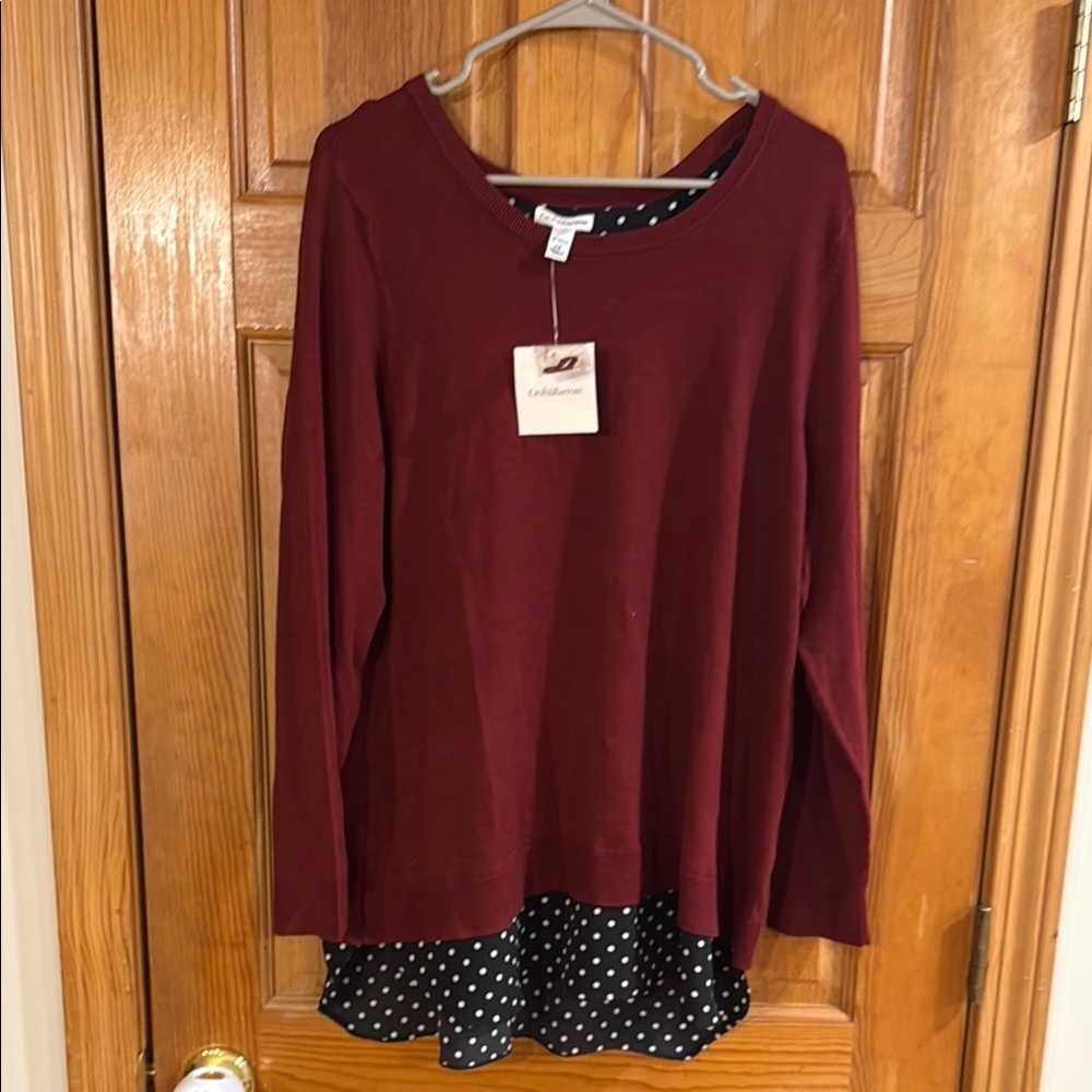 NWT Croft & Barrow women’s sweater burgundy with black with polka dots size 1X.